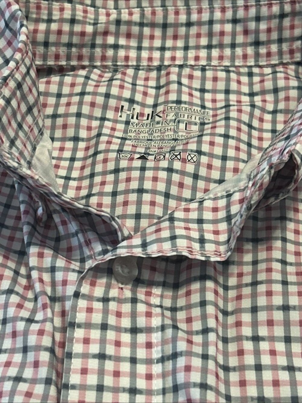 Huk Shirt Men’s L Pink Gray Check Performance Fishing Short Sleeve